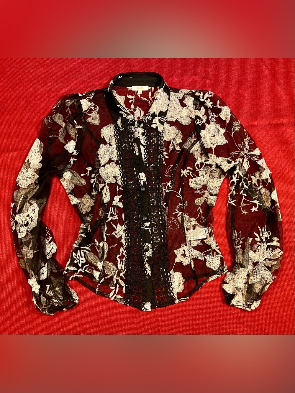 Peach Brand Black and Tan Sheer Floral Lace-Trim Button Blouse